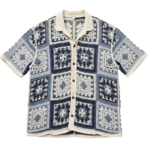 Crochet Patchwork Granny Square Camp Shirt Blue Cream by Norse Code Button Down